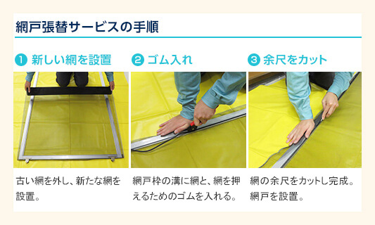 網戸の機能別に3種類の張替網をラインナップ！古くなって傷んだ網戸を「外から見えにくい」「虫が入りにくい」などお客様の要望に合った網戸に張り替えます。